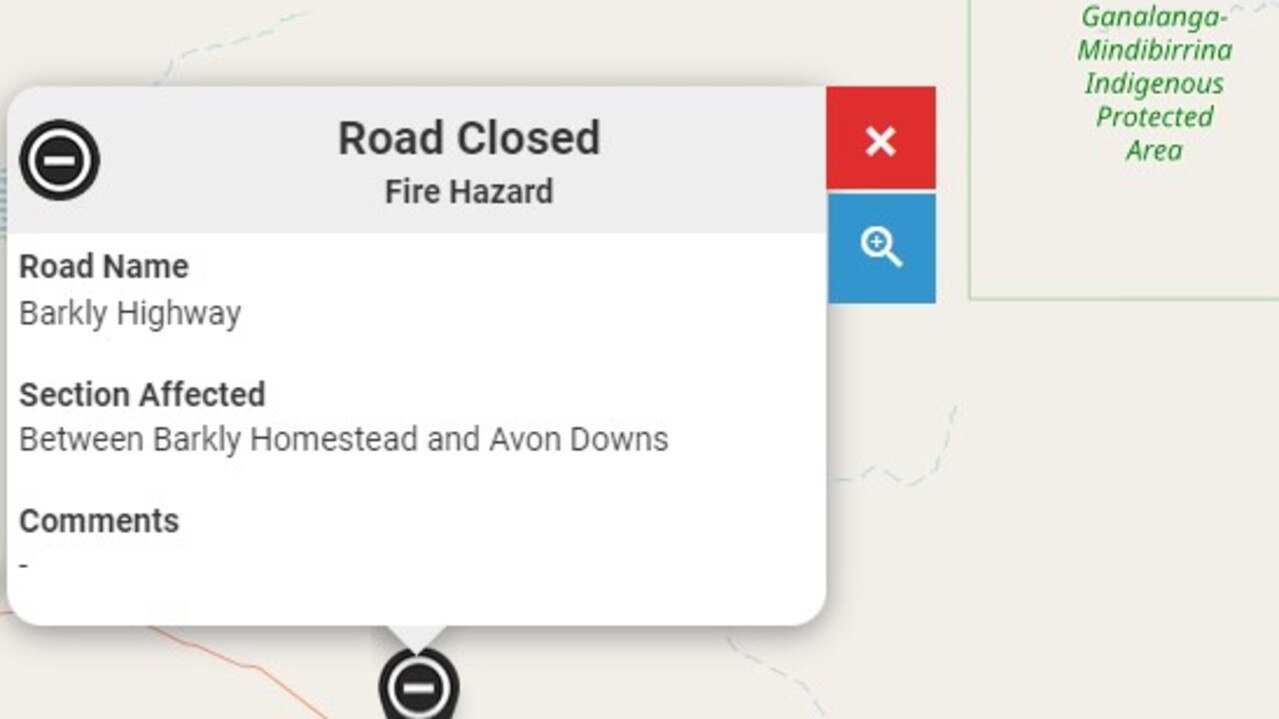 Barkly Highway has been closed due to ongoing bushfires in the area. Picture: Road Report NT