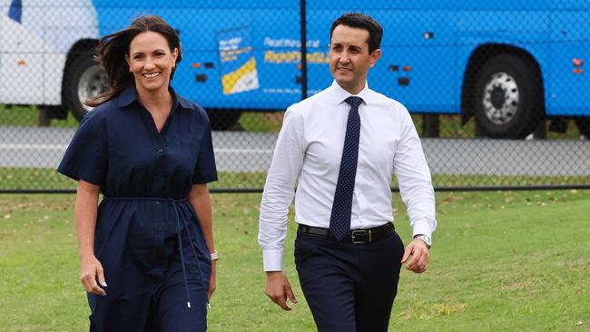 Queensland Opposition Leader David Crisafulli and Gaven candidate Bianca Stone during a visit to the Gold Coast Suns. Picture: Tertius Pickard