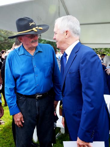 American Allan Buck, who served in the 1st Cavalry Division, talks with Prime Minister of Australia Malcolm Turnbulll at the USS Peary Memorial Service on the Darwin Esplanade. PICTURE: Elise Derwin