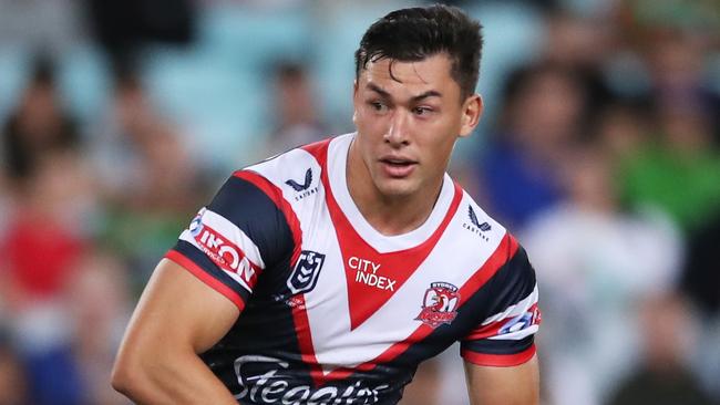 SYDNEY, AUSTRALIA - MARCH 25:  Joseph Manu of the Roosters runs with the ball during the round three NRL match between the South Sydney Rabbitohs and the Sydney Roosters at Accor Stadium, on March 25, 2022, in Sydney, Australia. (Photo by Matt King/Getty Images)