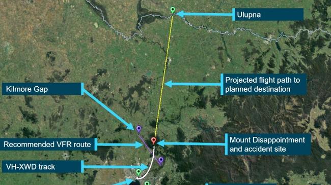 The flight's planned route and crash location. Picture: Supplied/ ATSB