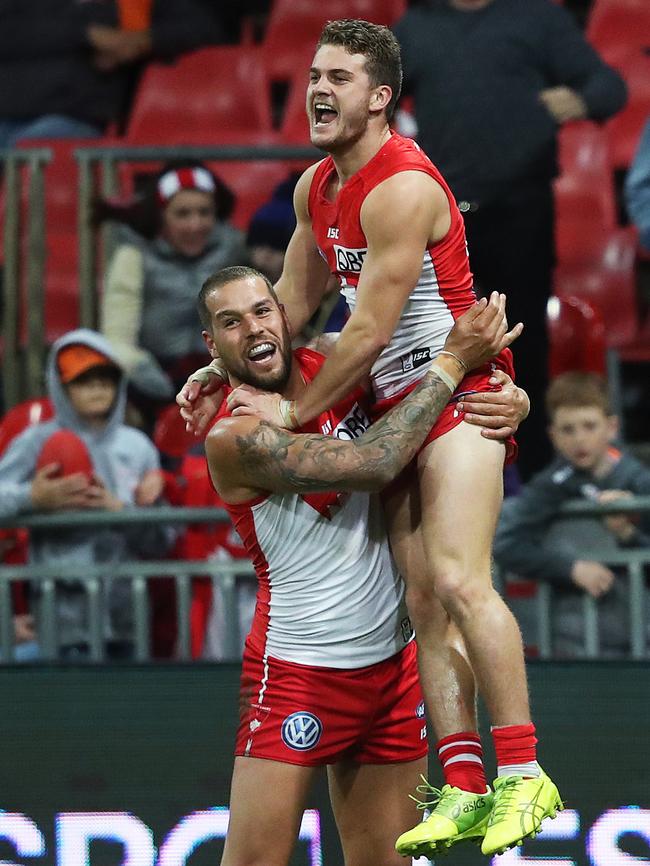 Tom Papley celebrates a goal with Lance Franklin. Picture: Phil Hillyard