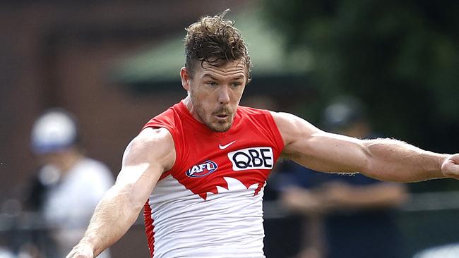 Sydney's Luke Parker kicks during the AFL practice match between the Sydney Swans and GWS Giants at Tramway Oval on February 21, 2024. Photo by Phil Hillyard(Image Supplied for Editorial Use only - **NO ON SALES** - Â©Phil Hillyard )