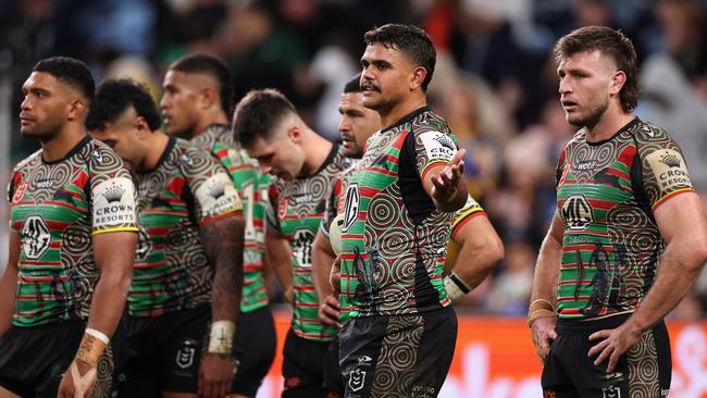 SYDNEY, AUSTRALIA - MAY 19: Latrell Mitchell of the Rabbitohs and team mates look dejected after an Eels try during the round 12 NRL match between South Sydney Rabbitohs and Parramatta Eels at Allianz Stadium on May 19, 2023 in Sydney, Australia. (Photo by Cameron Spencer/Getty Images)