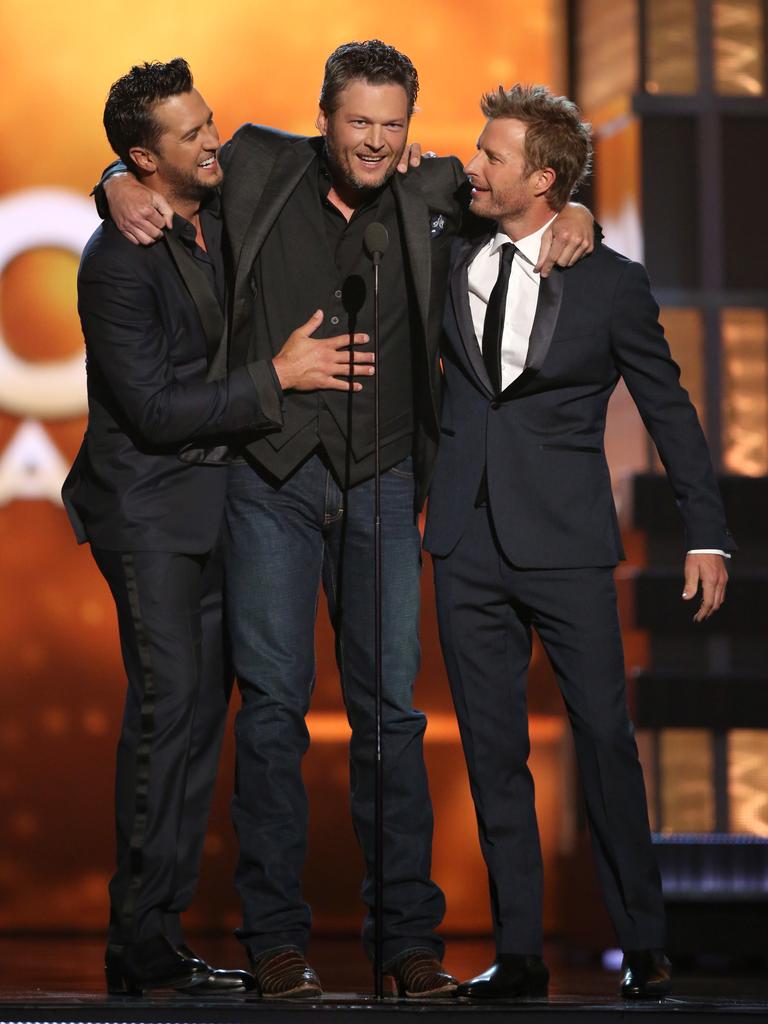 Luke Bryan, Blake Shelton and Dierks Bentley introduce a performance at the 51st annual Academy of Country Music Awards. Picture: AP