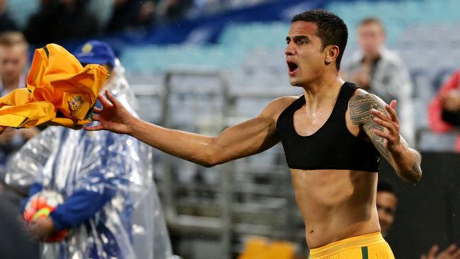 Socceroos Tim Cahill celebrates a goal which was disallowed.
