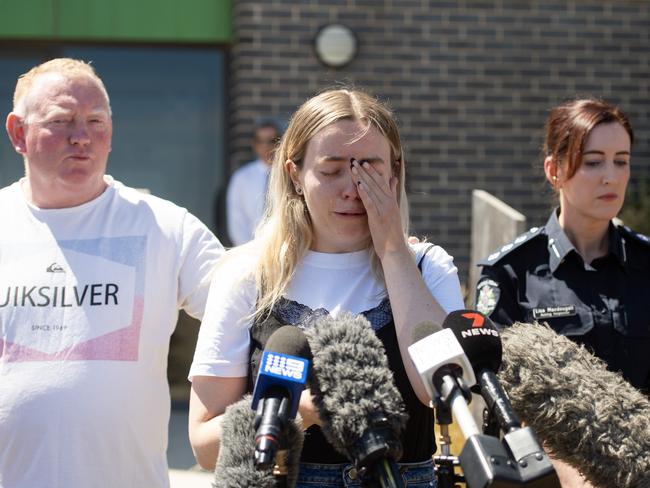 Michael Murphy comforts his daughter, Jess, as she fronts the media over the disappearance of her mum, Samantha. Picture: Nicki Connolly