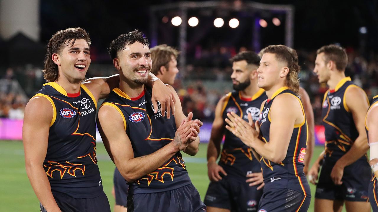 Josh Rachele and Izak Rankine had plenty to smile about. Photo by Sarah Reed/AFL Photos via Getty Images.