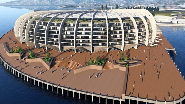 Concept drawings of a Macquarie Point Stadium which includes an outer shell of apartments, proposed by the Stadia Precinct Consortia. Picture: SolutionsWon