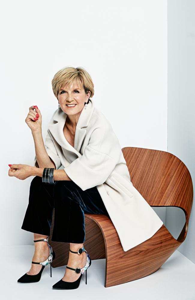 Julie Bishop wears Emporio Armani coat, Giorgio Armani pants and bangles and shoes. Picture: Hugh Stewart.