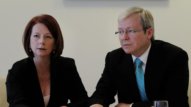 Prime Minister Julia Gillard meets with former PM Kevin Rudd to discuss the campaign strategy at the Commonwealth Parliamentary Offices in Brisbane, while campaigning for upcoming 2010 federal election.