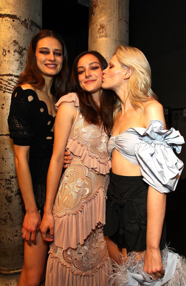 Models pose backstage ahead of the Alice McCall show at Mercedes-Benz Fashion Week Resort 18 Collections at Carriageworks on May 15, 2017 in Sydney, Australia. Picture: Getty