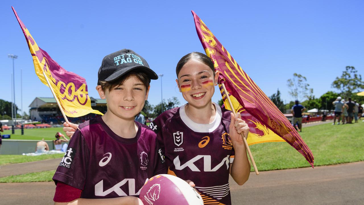 Baxter and Imogen Ross at the NRL Pre-Season Challenge game between Broncos and Titans at Toowoomba Sports Ground, Sunday, February 16, 2025. Picture: Kevin Farmer