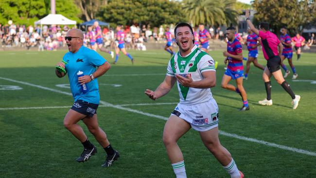 Evan Manning revving up the crowd after converting from the sideline.Picture: Adam Wrightson Photography. Souths Juniors Grand Final DaySouths Juniors Rugby League - A Grade.Grand Final.Alexandria Rovers vs Coogee Randwick WombatsRedfern Oval, Redfern, 3:40pm.8 September 2024.