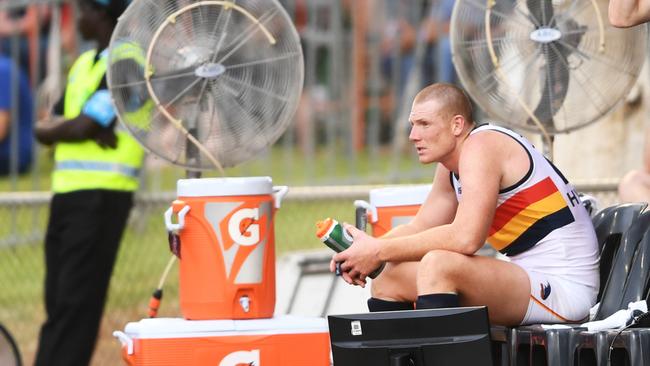 Sam Jacobs feels the heat during the Crows’ capitulation at TIO Traeger Park Oval in Alice Springs. Picture: AAP Image/Mark Brake