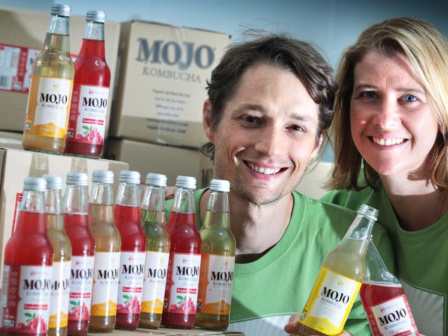 Anthony Crabb and his wife Sarah photographed in 2013 with Mojo kombucha products. Picture: News Corp Australia