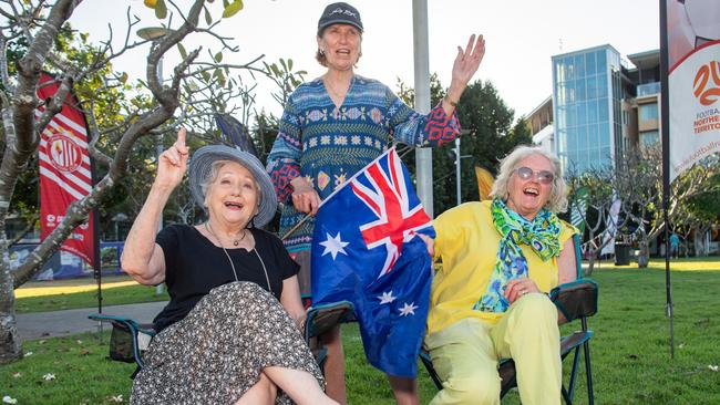 Meg Davoren Honey, Heather Gordon and Anne Fisher as thousands of fans gather to watch the Matildas take on England in the World Cup Semifinal at Darwin Waterfront. Picture: Pema Tamang Pakhrin