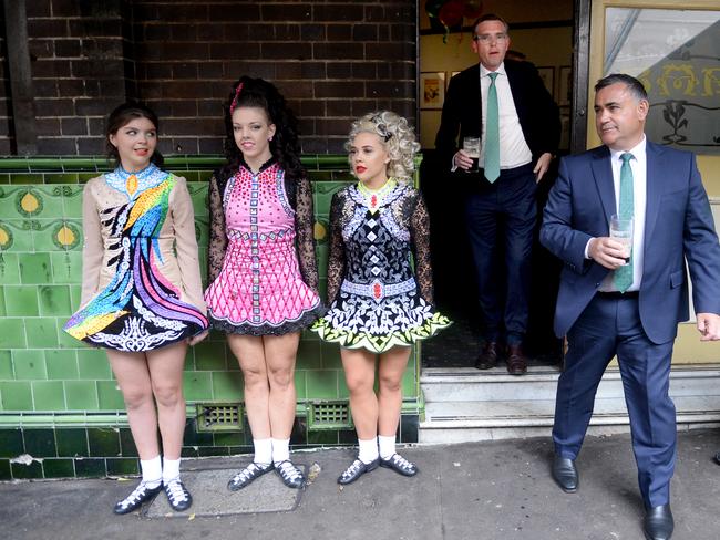 SYDNEY, AUSTRALIA - NewsWire Photos MARCH 17, 2021.NSW Deputy Premier John Barilaro and Treasurer Dominic Perrottet mark the further easing of COVID-19 restrictions for indoor venues, pubs and clubs during St Patricks Day celebrations at The Mercantile Hotel in Sydney.Picture: NCA NewsWire / Jeremy Piper