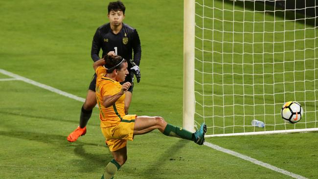 Lisa De Vanna slots home a cross for Australia’s second. (Will Russell/Getty Images)