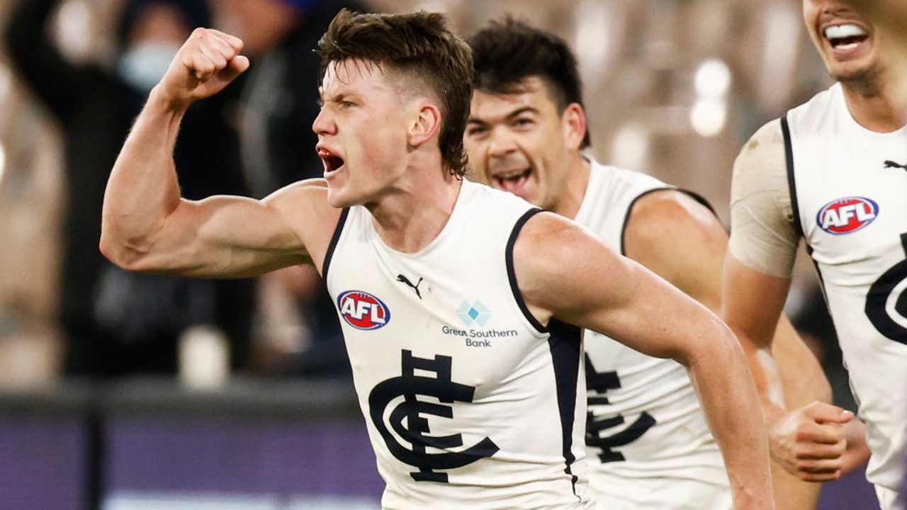 MELBOURNE, AUSTRALIA - JULY 03: Sam Walsh of the Blues celebrates a goal during the round 16 AFL match between Fremantle Dockers and Carlton Blues at Melbourne Cricket Ground on July 03, 2021 in Melbourne, Australia. (Photo by Daniel Pockett/AFL Photos/via Getty Images)