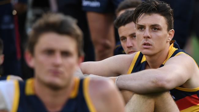 Uncontracted defender Jake Lever, right, played his last game for Adelaide in Saturday’s AFL grand final loss to Richmond at the MCG. He is now seeking a trade to Melbourne. Picture: Julian Smith