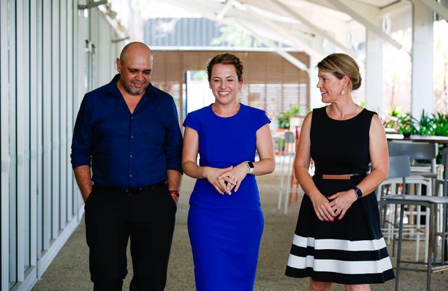 Opposition Leader Lia Finocchiaro with Josh Thomas the candidate for Johnston and Tracey Hayes the candidate for Fannie Bay. Picture: GLENN CAMPBELL