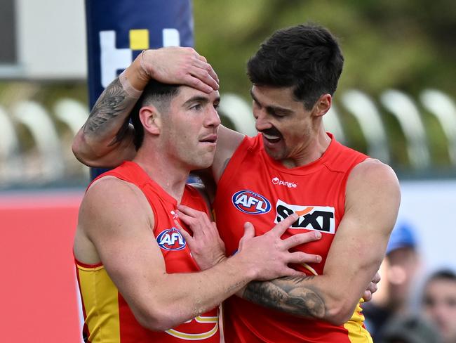 HOBART, AUSTRALIA - AUGUST 26: Sam Flanders of the Suns celebrates a goal  during the round 24 AFL match between North Melbourne Kangaroos and Gold Coast Suns at Blundstone Arena, on August 26, 2023, in Hobart, Australia. (Photo by Steve Bell/Getty Images)