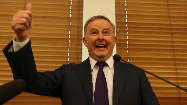 An exuberant Anthony Albanese in the Labor caucus meeting at Parliament House House in Canberra on Thursday. Picture: Kym Smith