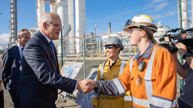 Prime Minister Scott Morrison visits an oil refinery in Victoria, to announce a $125 million. Picture: Jason Edwards