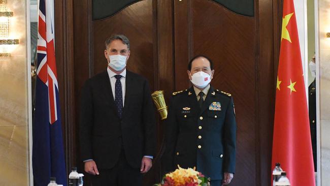 Australian Defence Minister Richard Marles with China's Defence Minister Wei Fenghe on the sidelines of the Shangri-La Dialogue summit in Singapore. Picture: Australian Department of Defence/AFP