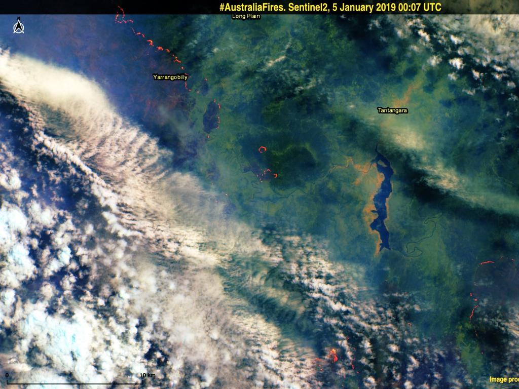 Despite clouds and smoke, the Sentinel 2 satellite was able to acquire this image, over the Snowy Mountains and Kosciuszko National Park area of New South Wales. Picture: Copernicus EMS