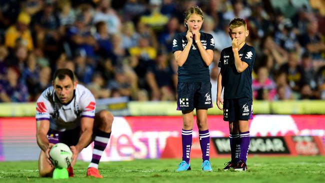 Jada and Jasper Smith nervously watch on as their dad Cameron tries to beat the all-time points record. Picture: Alix Sweeney