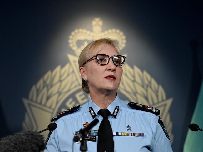 BRISBANE, AUSTRALIA - NewsWire Photos - FEBRUARY 4, 2021.Queensland Police Commissioner Katarina Carroll speaks during a press conference. The Queensland Police today launched the Exit program that targets former Outlaw Motorcycle Gang members who seek to leave their gangs. Picture: NCA NewsWire / Dan Peled