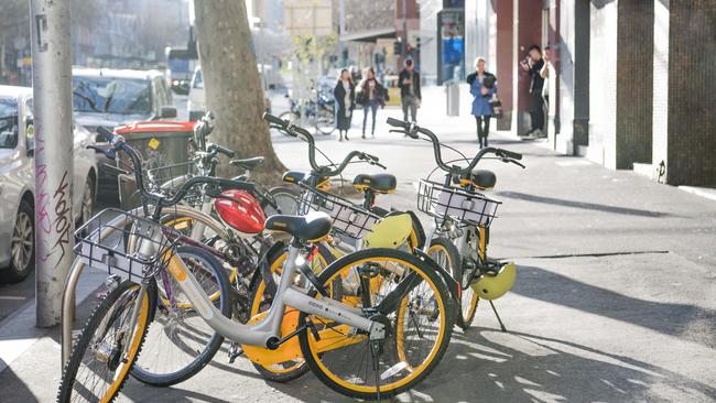 Obike — Yellow Hire Bikes on Elizabeth street. Picture: Jason Edwards