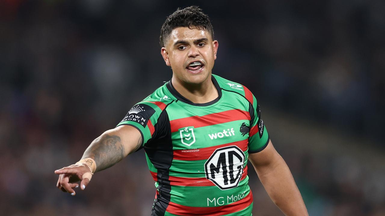 SYDNEY, AUSTRALIA - SEPTEMBER 24: Latrell Mitchell of the Rabbitohs points during the NRL Preliminary Final match between the Penrith Panthers and the South Sydney Rabbitohs at Accor Stadium on September 24, 2022 in Sydney, Australia. (Photo by Matt King/Getty Images)