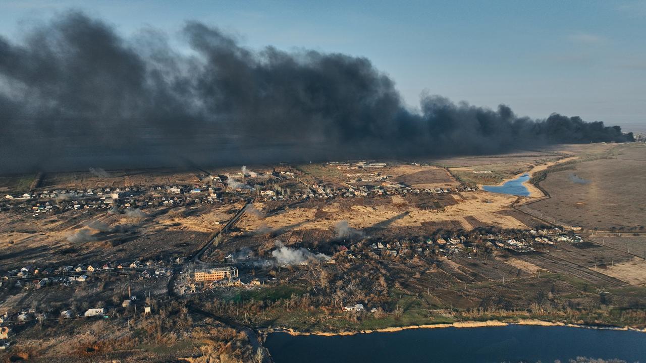 Smoke rising from the Avdiivka Coke and Chemical Plant behind the village of Lastochkino, in Avdiivka district, Ukraine. Russia recently captured the area. Picture: Getty Images