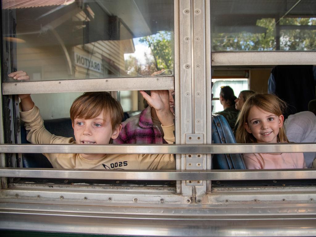 Arriving back at Drayton Station, Harvey and Madeline Urquhart on the DownsSteam and Tourist Railway "Pride of Toowoomba" steam train from Drayton to Wyreema. Saturday May 18th, 2024 Picture: Bev Lacey