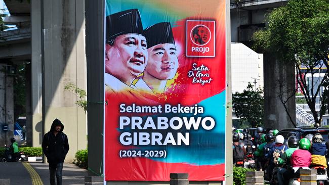 Banners exalt Prabowo Subianto and vice-president-elect Gibran Rakabuming Raka in Jakarta on Thirsday. Picture: AFP