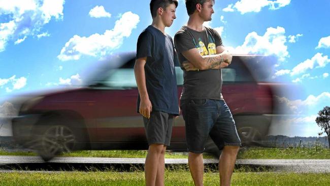 Isaac Gill, 14, Coraki, and his uncle, who wishes to remain unnamed, were shocked when the vehicle they were travelling in hit a pothole which sent the car sliding across the road into a fence. Picture: Marc Stapelberg