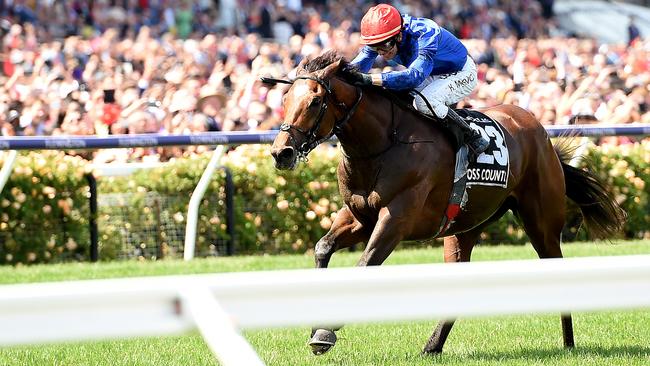 Kerrin McEvoy rides Cross Counter to victory. Picture: AAP Image/Albert Perez