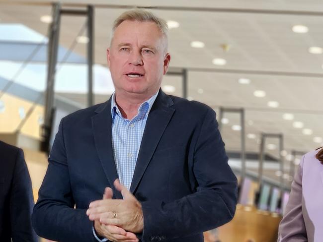 Hobart Airport CEO Norris Carter, Premier Jeremy Rockliff and Tourism Industry Council of Tasmania CEO Amy Hills speak to the media at Hobart International Airport on Monday, 18 November 2024