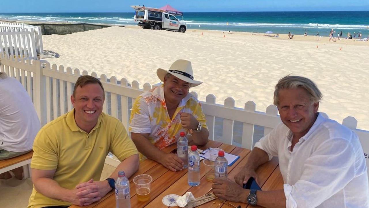 Gold Coast Mayor Tom Tate (centre) with Deputy Premier and Planning Minister Steven Miles (left) and Australian Venue Co chair Bob East at the Kurrawa beach bar