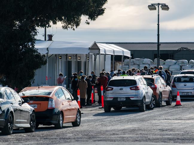 People and cars have been queuing at the Covid-19 testing station in Tailem Bend. Picture: Morgan Sette/The Advertiser