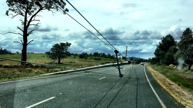 A power pole blown down onto the road at Buckland. Reader's picture: BELINDA BRAITHWAITE