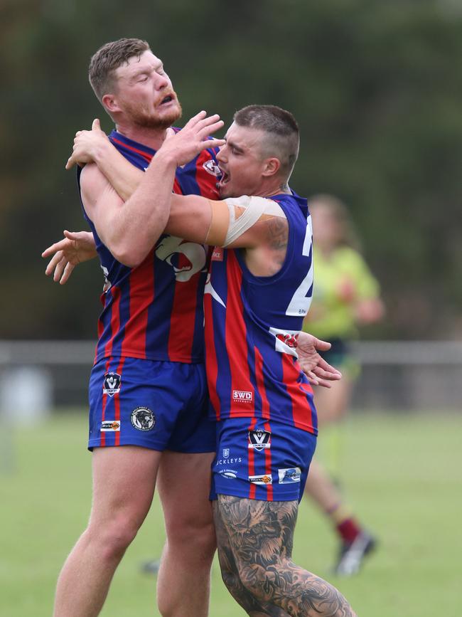 Football GDFL: Belmont Lions v Bell Post Hill Bell Post Hill 22 Sam Harmer and 8 Jack Yates celebrate Harmers goal Picture: Mark Wilson