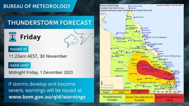 Severe thunderstorms are forecast for parts of central, southern and southeast Queensland.