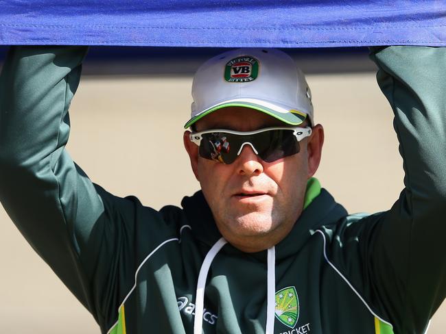 MELBOURNE, AUSTRALIA - MARCH 28: Australian coach Darren Lehmann looks on during an Australian nets session at Melbourne Cricket Ground on March 28, 2015 in Melbourne, Australia. (Photo by Quinn Rooney/Getty Images)