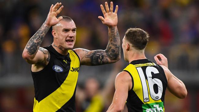 Dustin Martin and Jake Aarts during the Round 13 clash with the Eagles. Picture: Daniel Carson/AFL Photos