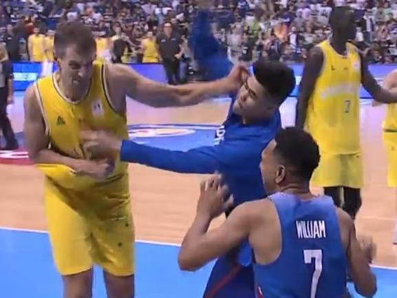 Fight breaks out between Australia and the Phillipines in basketball. Picture: Fox Sports