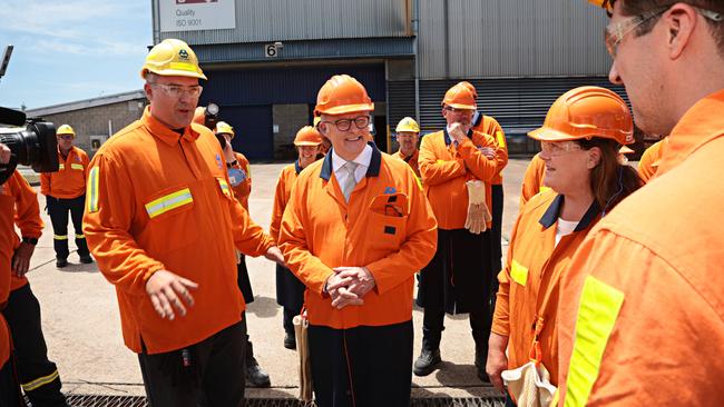 Anthony Albanese speaking to workers at Tomago Aluminium on Monday. The Prime Minister was in NSW’s Hunter Valley to push the government’s $2bn program to encourage aluminium producers to switch to renewable energy Picture: NewsWire/ Adam Yip